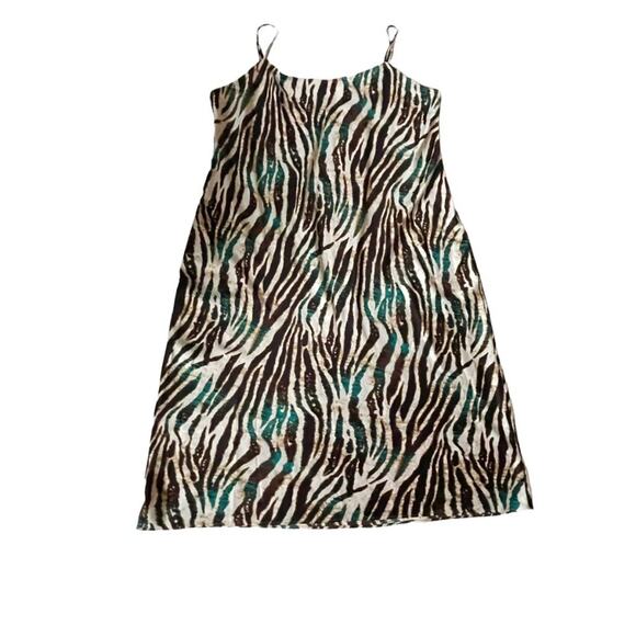 Natori Satin Slip Dress Chemise Midi Zebra Brown Earth Tones Teal XL EUC - Picture 1 of 9